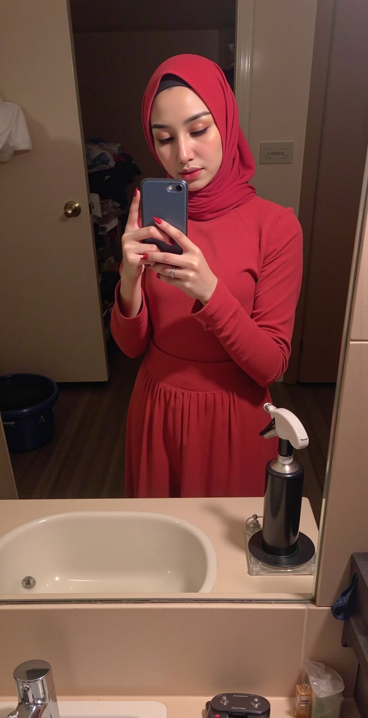 realistic portrait of beautiful woman selfie in front of the mirror of the sink with iphone 15,  fully naked,  sexy pose b...