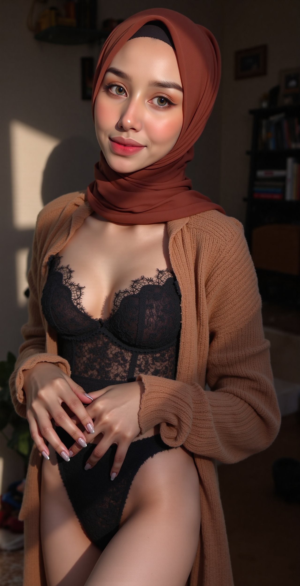 A stunning supermodel pose: a girl stands confidently in a cozy living room setting,  her bright brown eyes gleaming with...