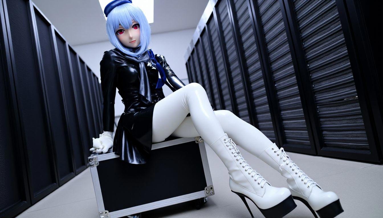 neo-latex kigurumi,  image showing an office lady with light blue,  straight hair and red eyes. She is wearing a black lat...