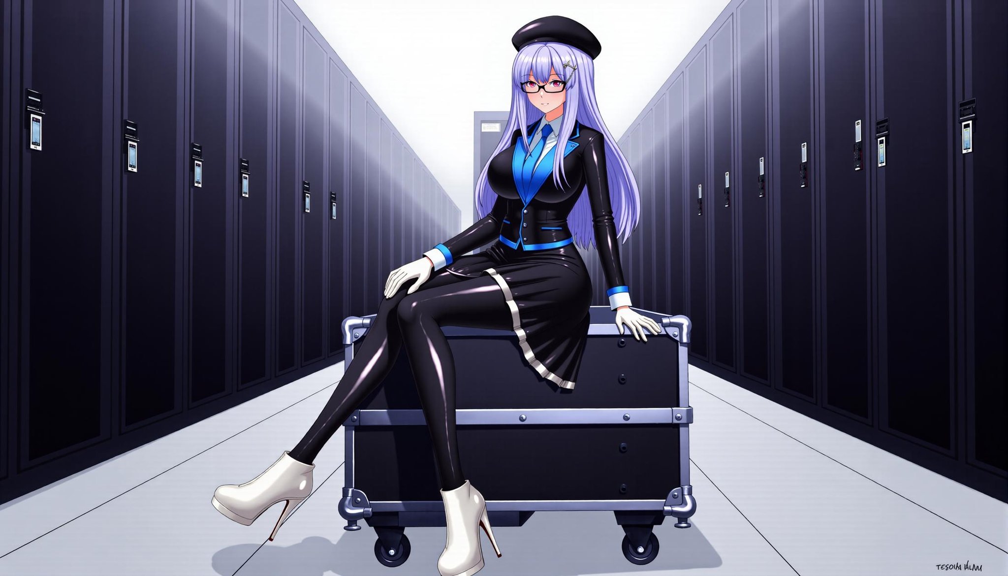 drawn by tesomu,  an office lady with light blue,  straight hair and red eyes. The character is wearing a black suit with...