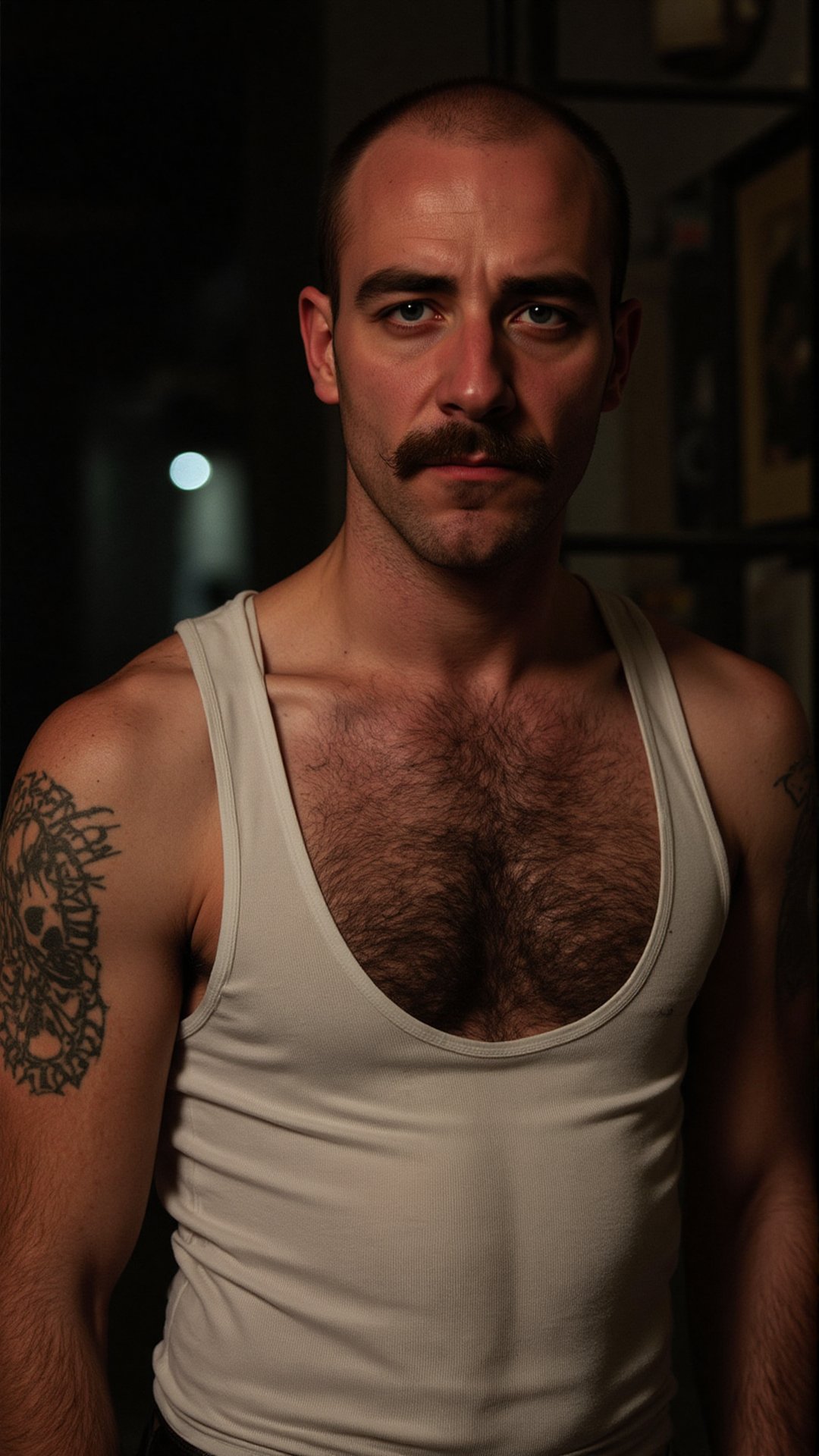 A middle-aged bald man with a thick,  bushy mustache,  around 40 years old. His body is covered in dark by FINNNNNNNNNN on...