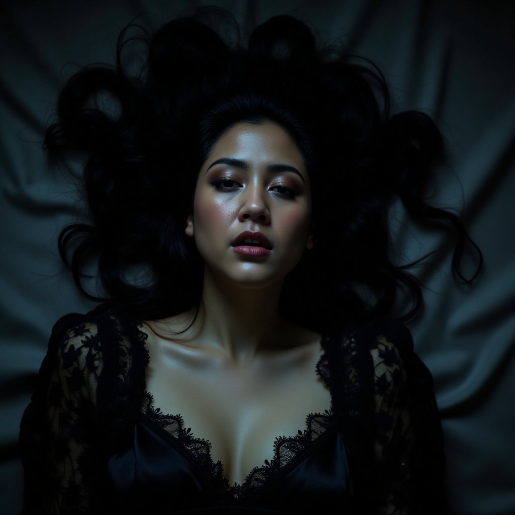 Widow's Repose: A high-angle shot frames the beady satin lace dress-clad widow lying on her back,  oblivious to the camera...