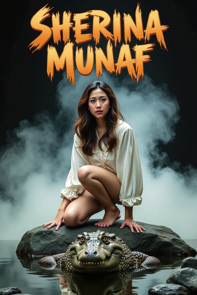 A high-impact 1980s-style illustrated film poster featuring Suzzanna kneeling beside a black rock and white crocodile. int...