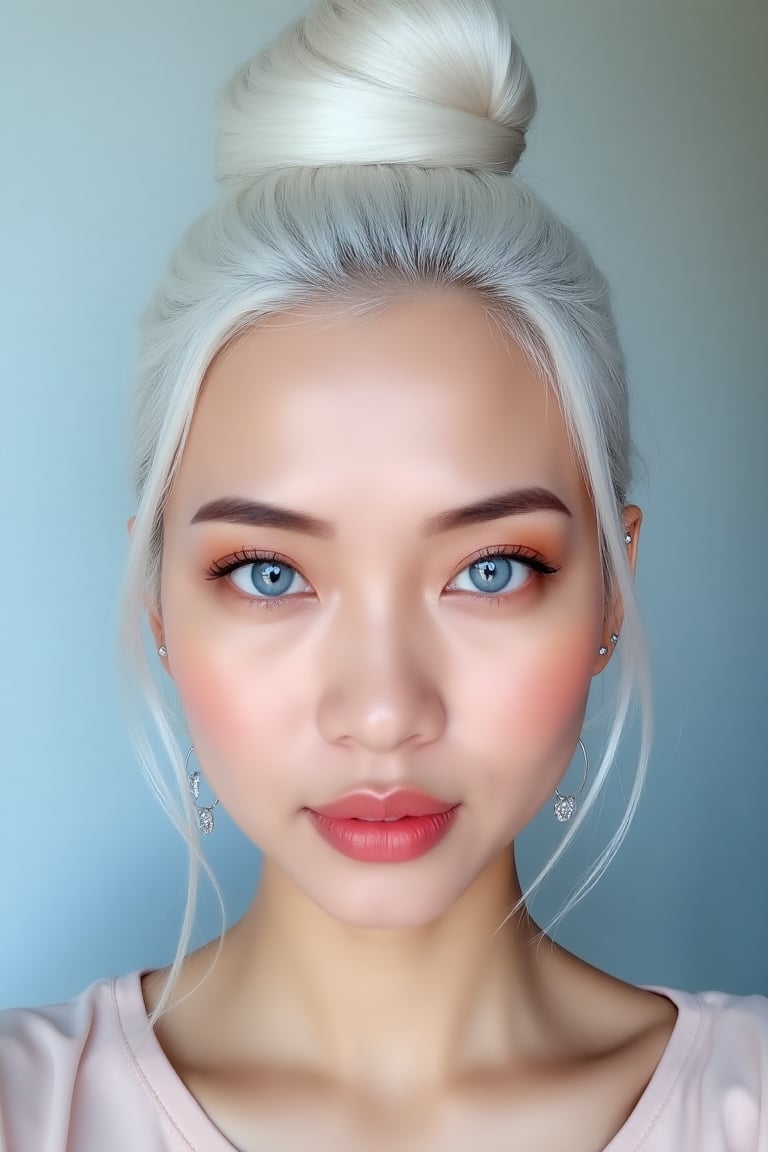 showing an Indonesian girl with long white hair in a bun up,  beautiful face,  make-up by Si_Nakal444 on Tensor.Art