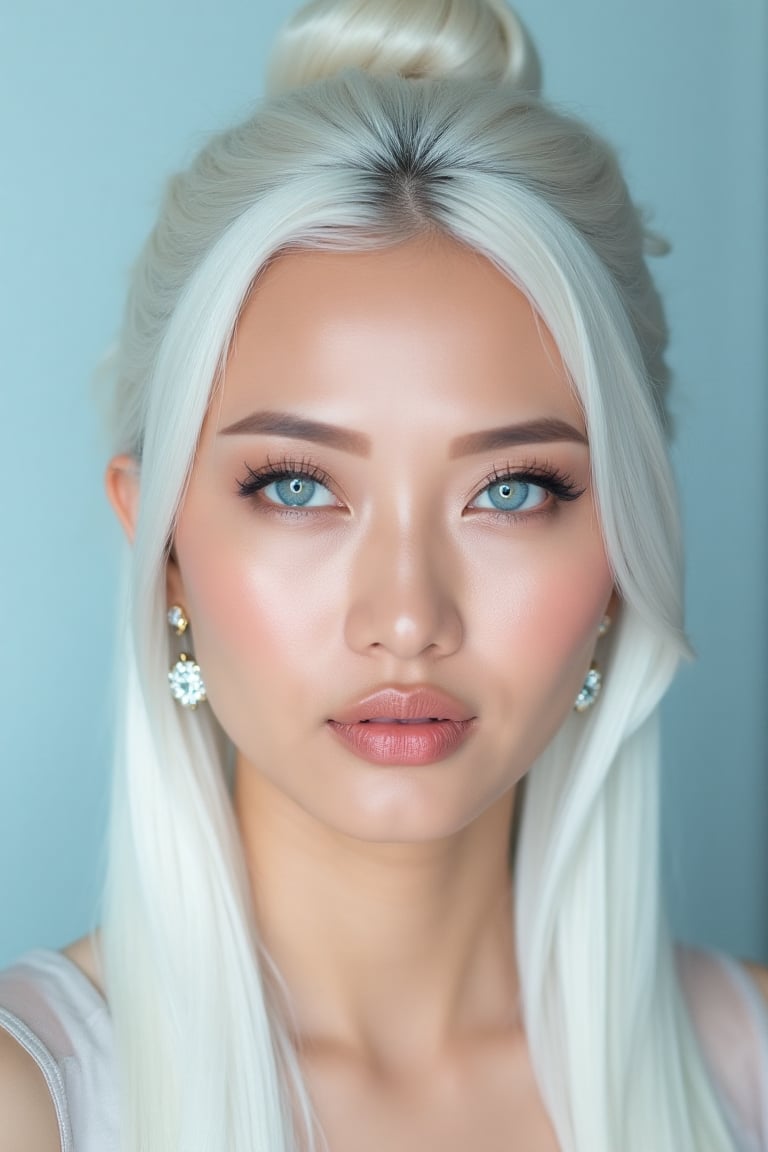 showing an Indonesian girl with long white hair in a bun up,  beautiful face,  make-up by Si_Nakal444 on Tensor.Art