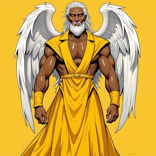 Picture in Sinozicklabstylemix that focuses on muscular,  dark-skinned male,  4 winged angel wearing a yellow suit with st...