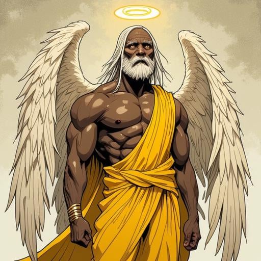 Picture in Sinozicklabstylemix that focuses on muscular,  dark-skinned male,  4 winged angel wearing a yellow suit with st...