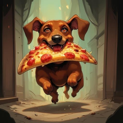 Digital ilustration in style of NeonhadesmixV2 of a dachshund running away with a big slice of pizza in his mouth by Shrek...