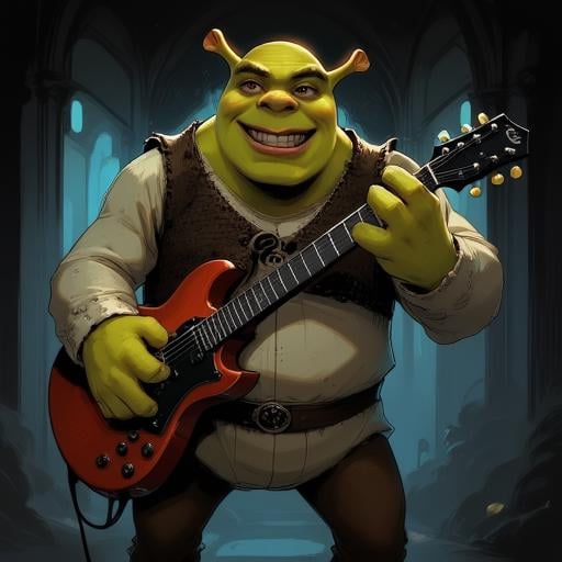 Digital ilustration in style of NeonhadesmixV2 of Shrek playing on a eletrctic guitar by Shrekman17 on Tensor.Art