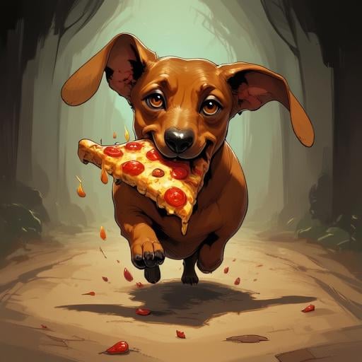 Digital ilustration in style of NeonhadesmixV2 of a dachshund running away with a big slice of pizza in his mouth by Shrek...