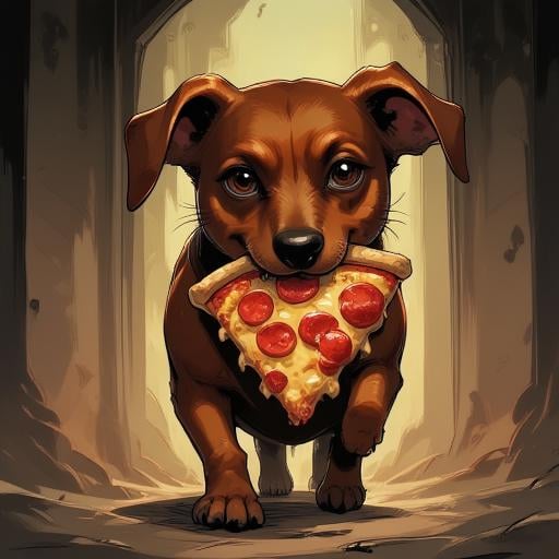Digital ilustration in style of NeonhadesmixV2 of a dachshund running away with a big slice of pizza in his mouth by Shrek...