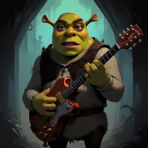 Digital ilustration in style of NeonhadesmixV2 of Shrek playing on a eletrctic guitar by Shrekman17 on Tensor.Art