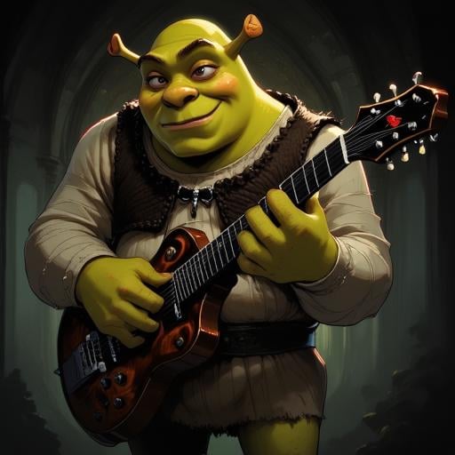 Digital ilustration in style of NeonhadesmixV2 of Shrek playing on a eletrctic guitar by Shrekman17 on Tensor.Art