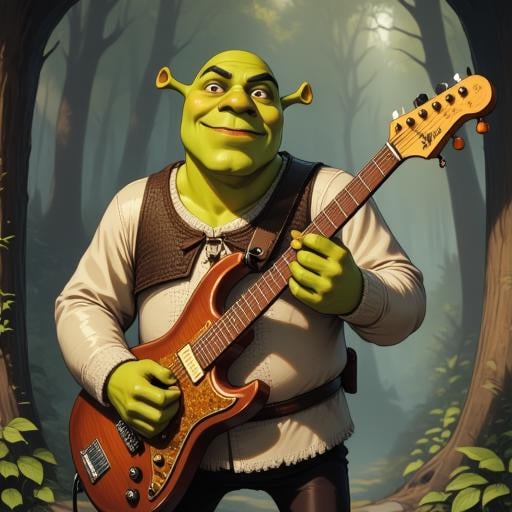 Digital ilustration in style of PaintedComicstyleV1 of Shrek playing on a eletrctic guitar by Shrekman17 on Tensor.Art