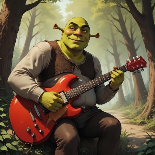 Digital ilustration in style of PaintedComicstyleV1 of Shrek playing on a eletrctic guitar by Shrekman17 on Tensor.Art