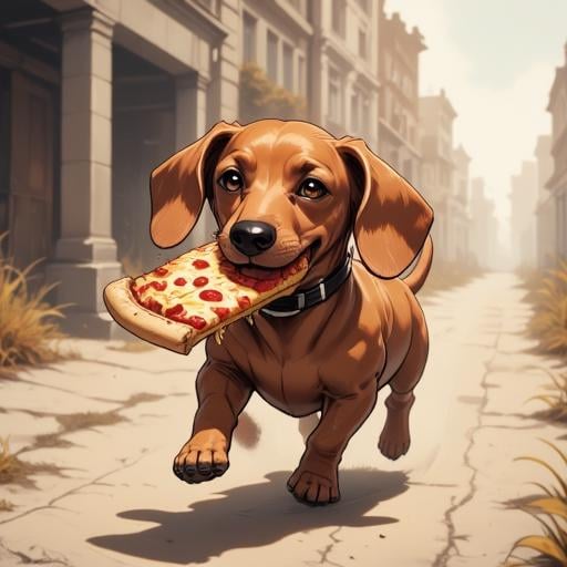 Digital ilustration in style of PaintedComicstyleV1 of a dachshund running away with a big slice of pizza in his mouth by...