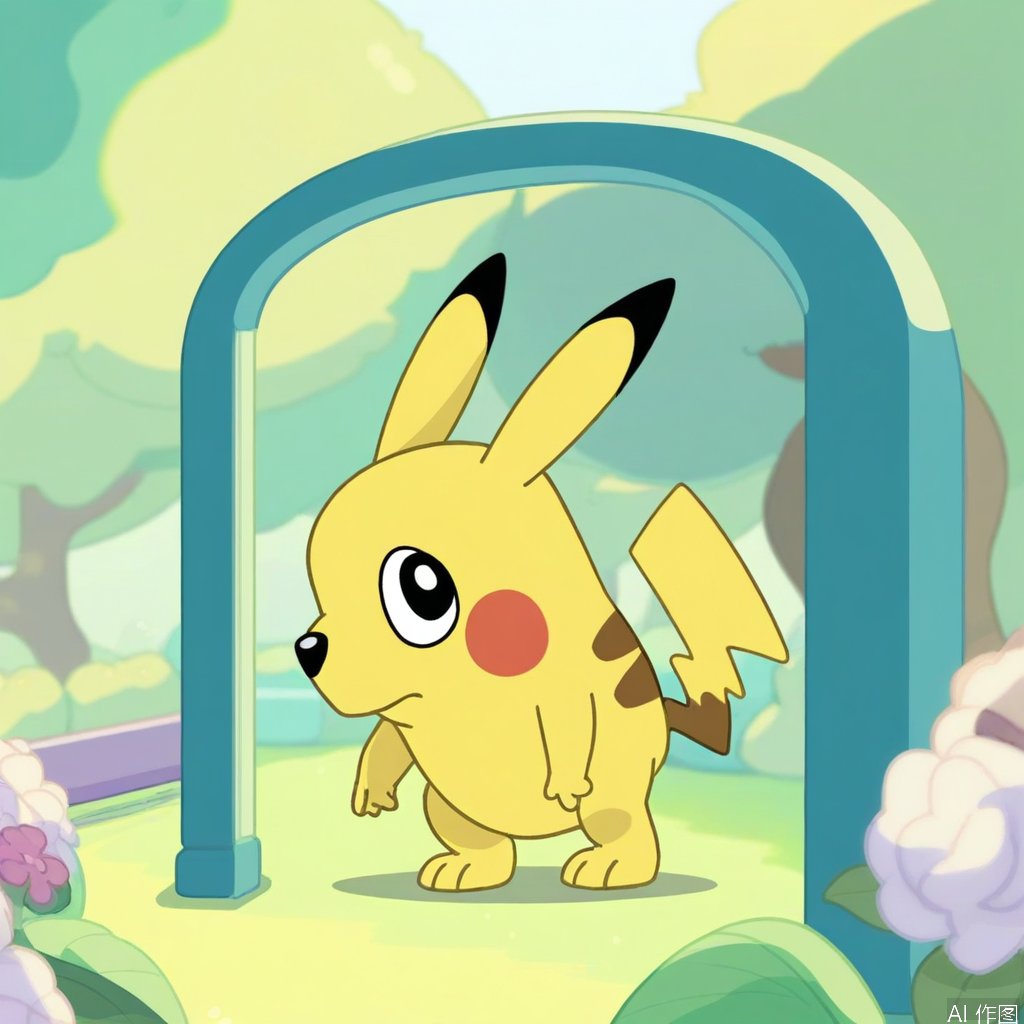 A Bluey-style Pikachu,  framed in a close-up against a bright,  sunny Australian park background. Soft natural lighting hi...