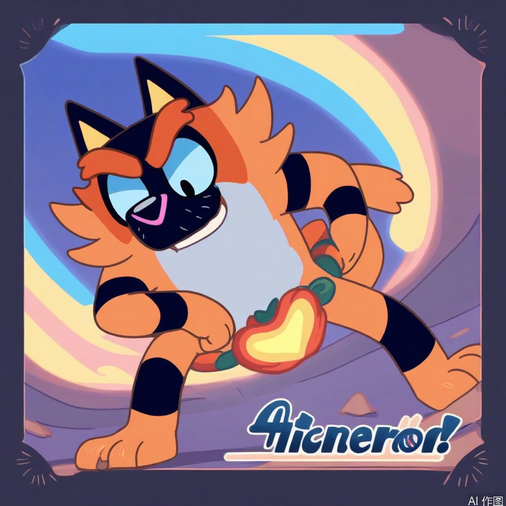 A Bluey-style Incineroar,  framed in a playful,  dynamic composition. Incineroar is depicted with the characteristic Bluey...