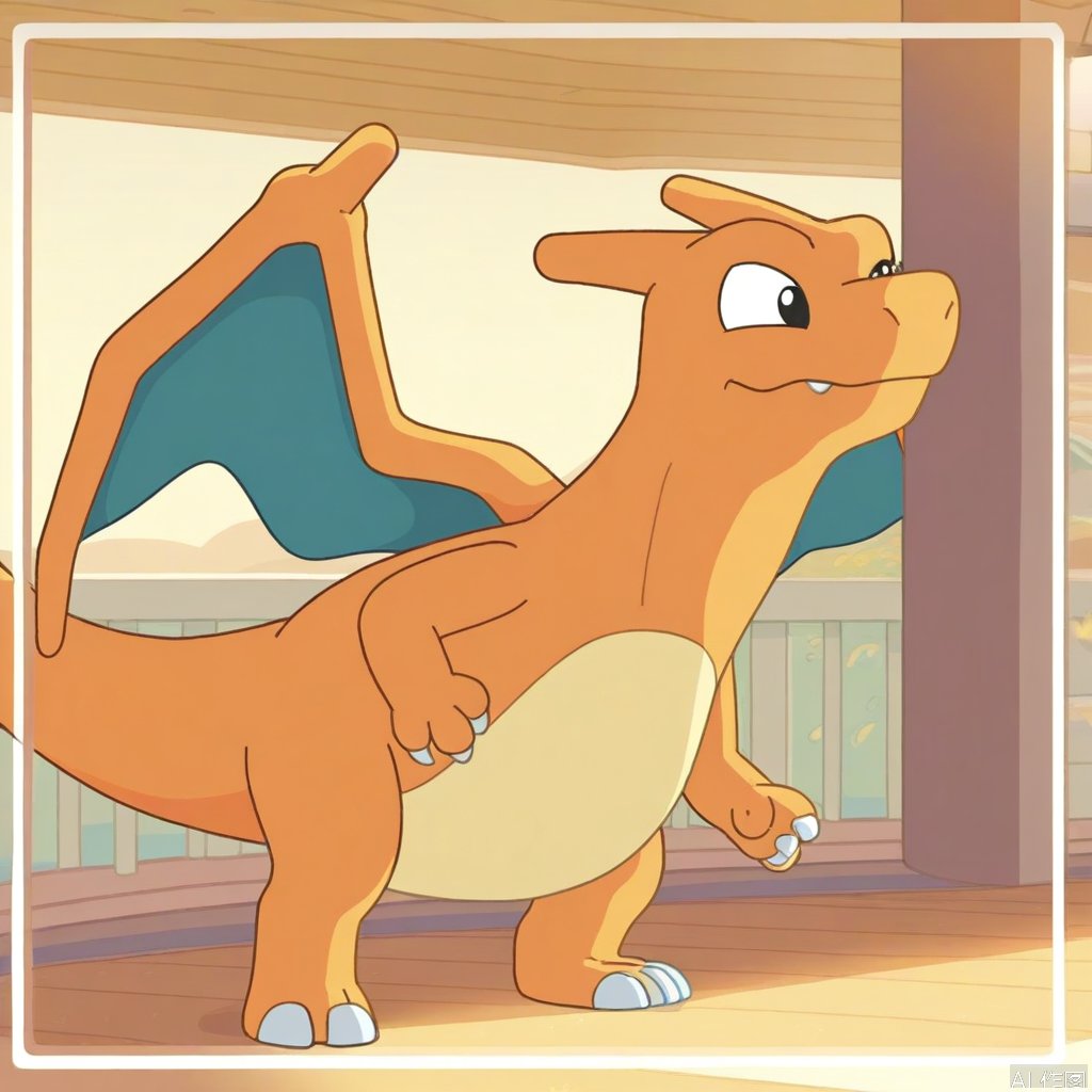 A Bluey-style Charizard,  framed in a medium shot against a vibrant Australian suburban backdrop. Soft golden sunlight ill...