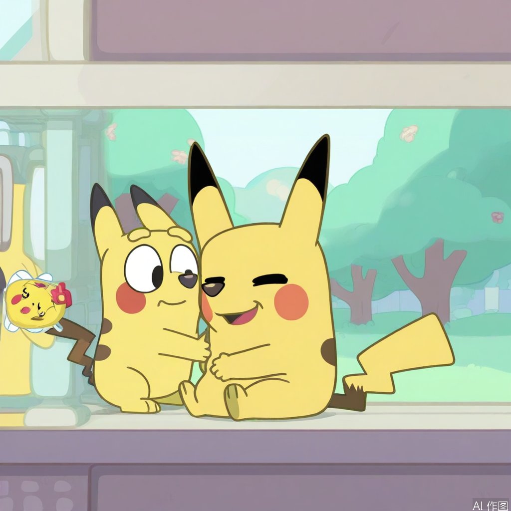 A Bluey-style Pikachu,  framed in a medium shot against a pastel-colored suburban backdrop. Pikachu exhibits playful curio...