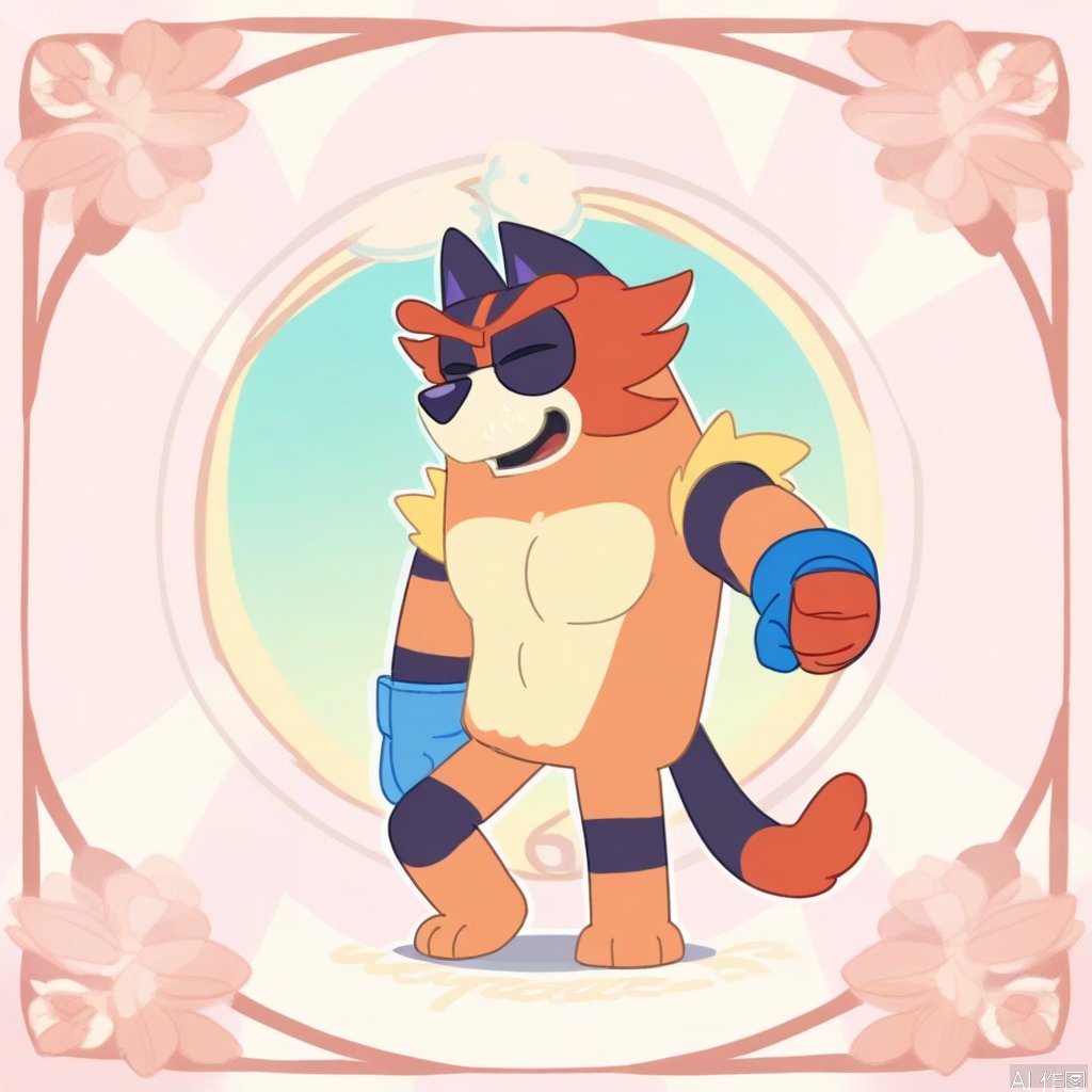 A mid-shot illustration of Incineroar in Bluey style,  framed with a playful stance on a vibrant pastel-colored stage. Sof...