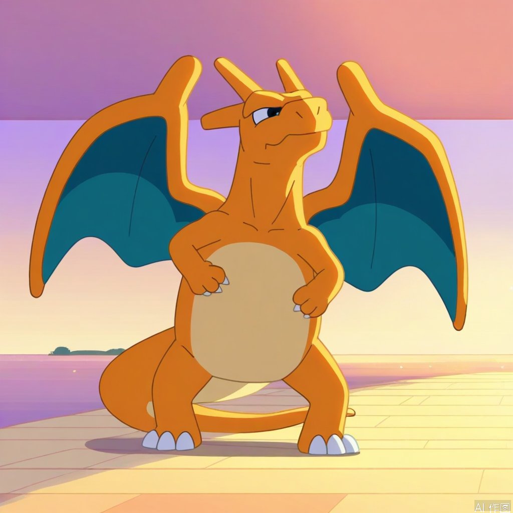 A Bluey-style Charizard,  framed in a mid-shot against a vibrant Australian suburban backdrop. Soft golden hour lighting c...