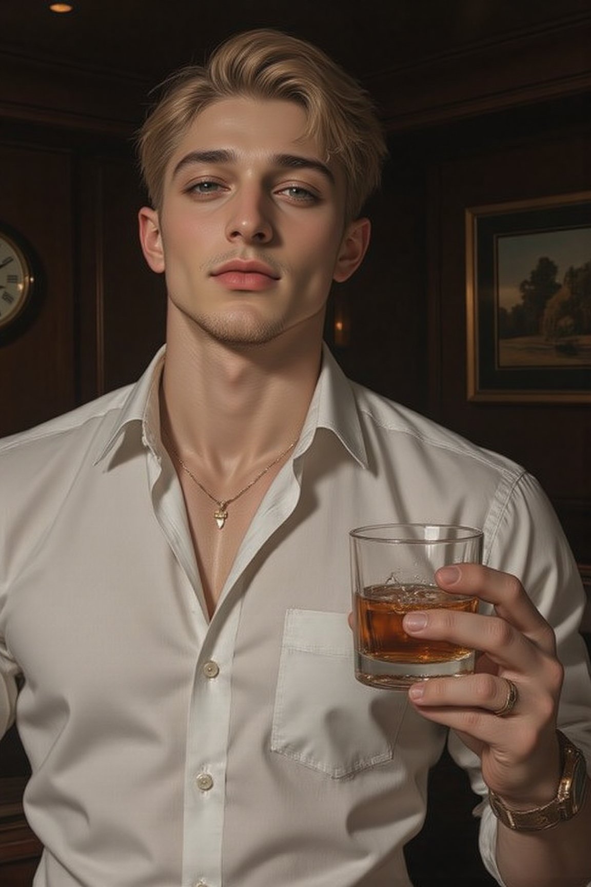 The image depicts a man with short,  neatly styled blonde hair,  wearing a white dress shirt. He is holding a glass of amb...