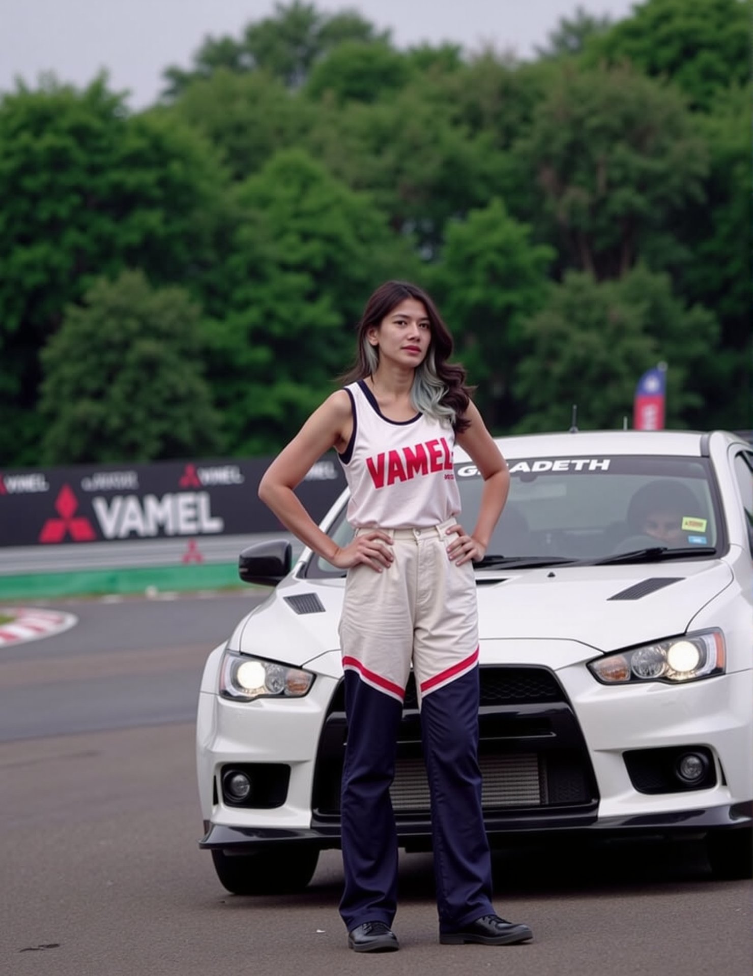 A high-octane scene unfolds as the Vamel-clad driver stands confidently in a dynamic pose,  wearing an opened white tankto...