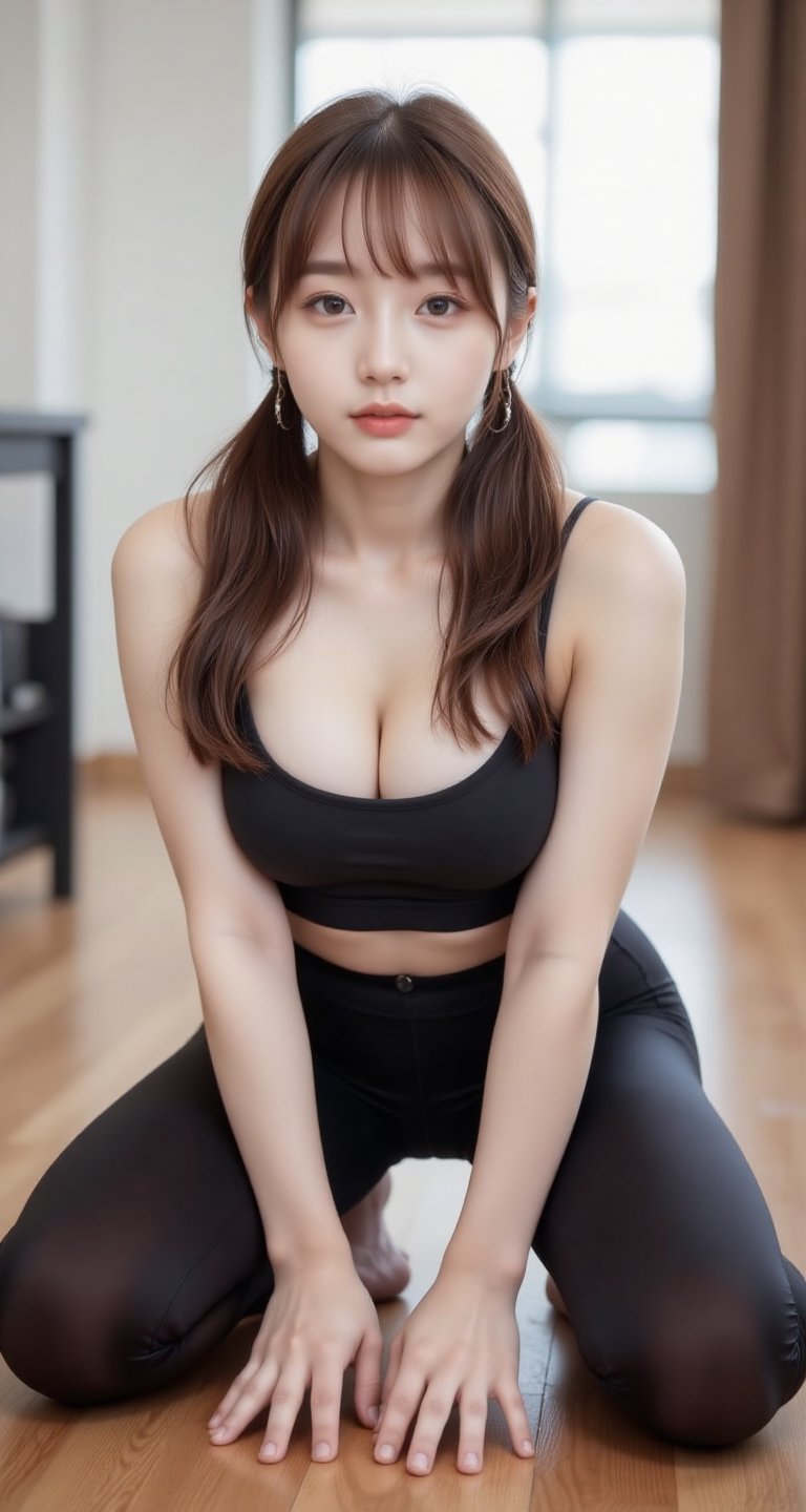 A stunning 20-year-old Japanese model,  dressed in black yoga leggings and kneels on a wooden floor,  indoors. Her long by...