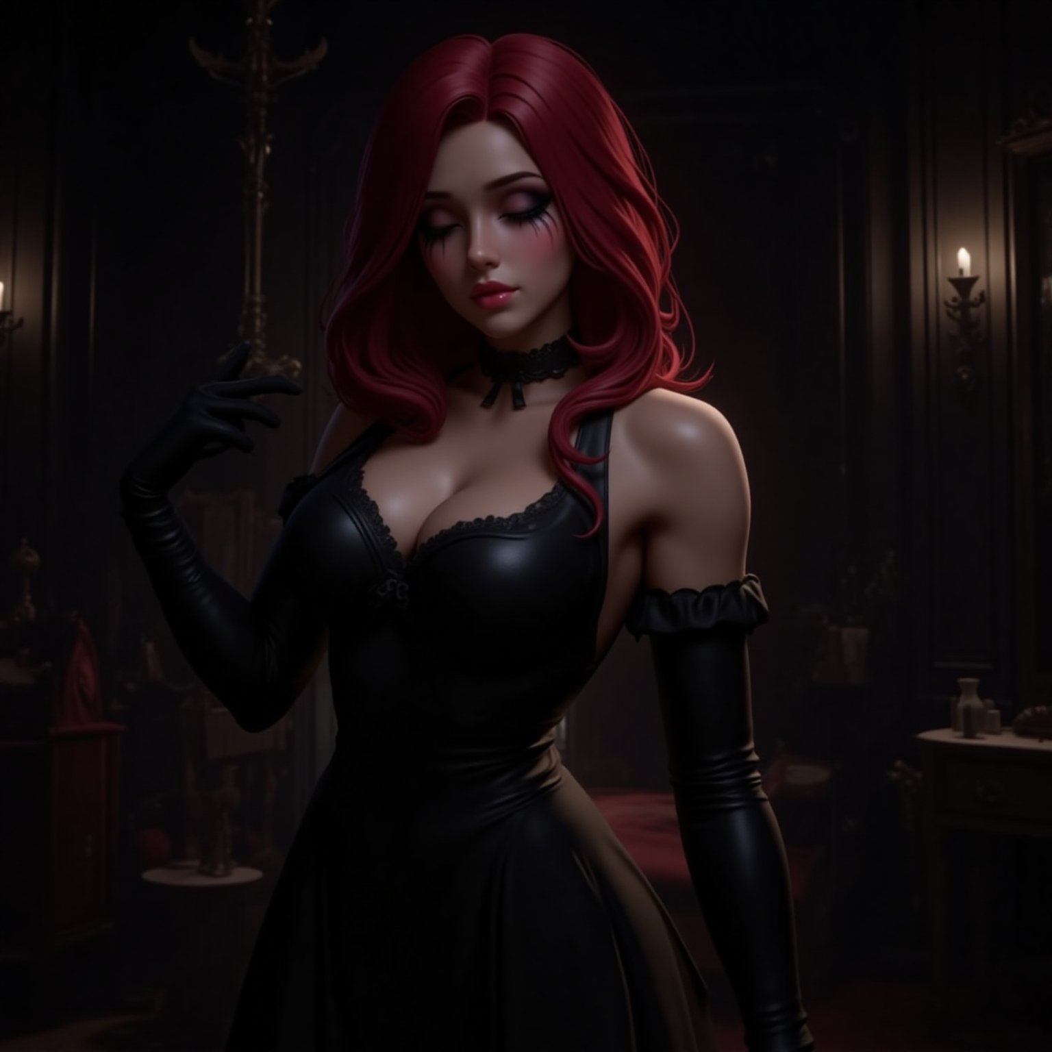A mysterious red-haired girl,  eyes closed,  revealing her cleavage and large breasts by BooAImagery on Tensor.Art