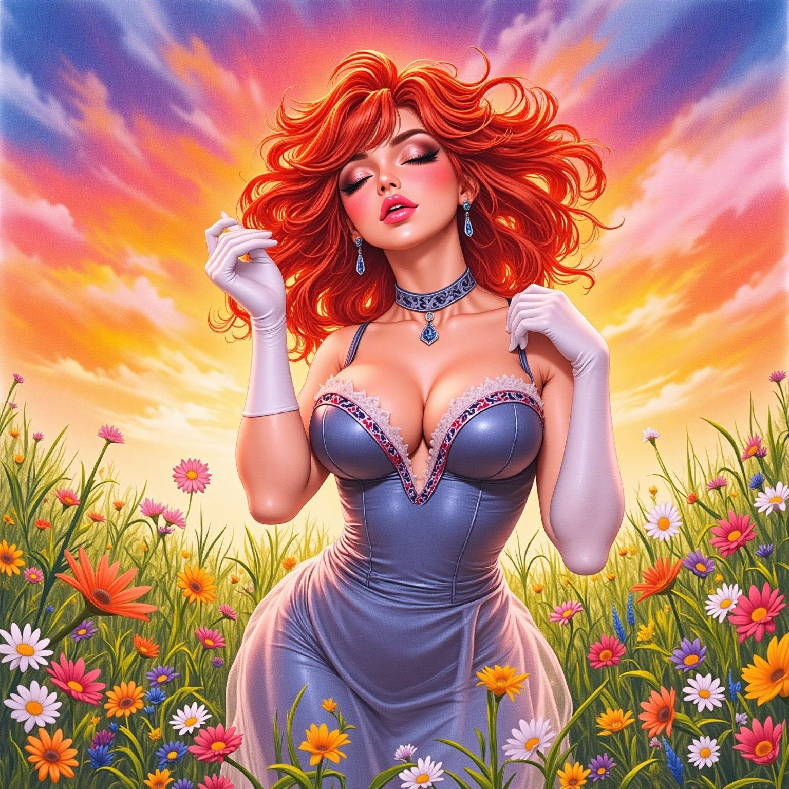 A playful red-haired girl,  eyes closed,  flaunting her cleavage and large breasts by BooAImagery on Tensor.Art