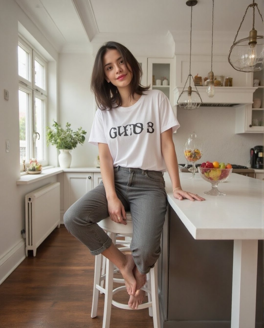 Create a realistic photoshoot for a woman using a Canon EOS 1D camera and a 50mm Canon RF lens at f/1.4 aperture. Capture...