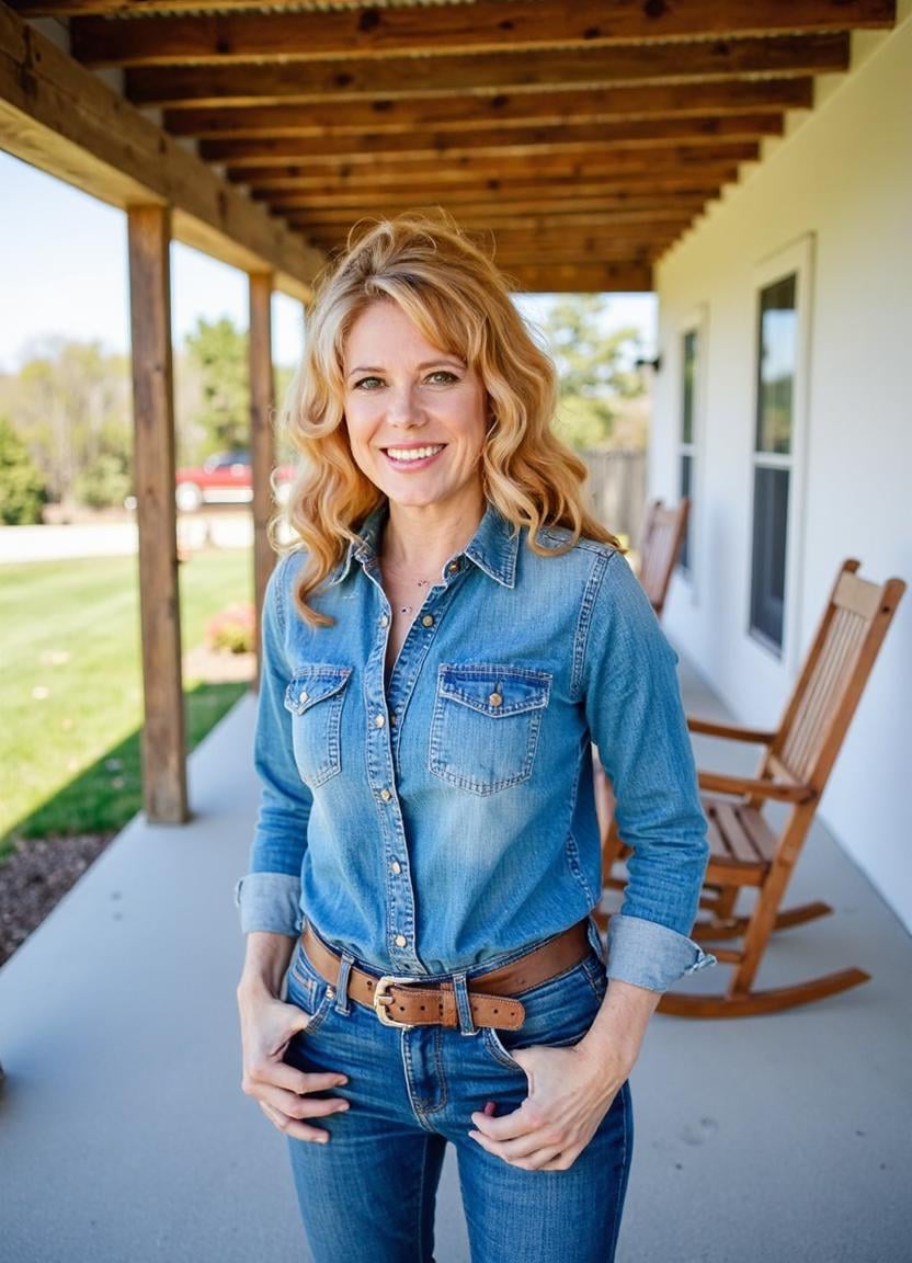 SFW,  brightly lit,  The image is a portrait of a woman standing on a porch with a wooden pergola. She is wearing a denim...