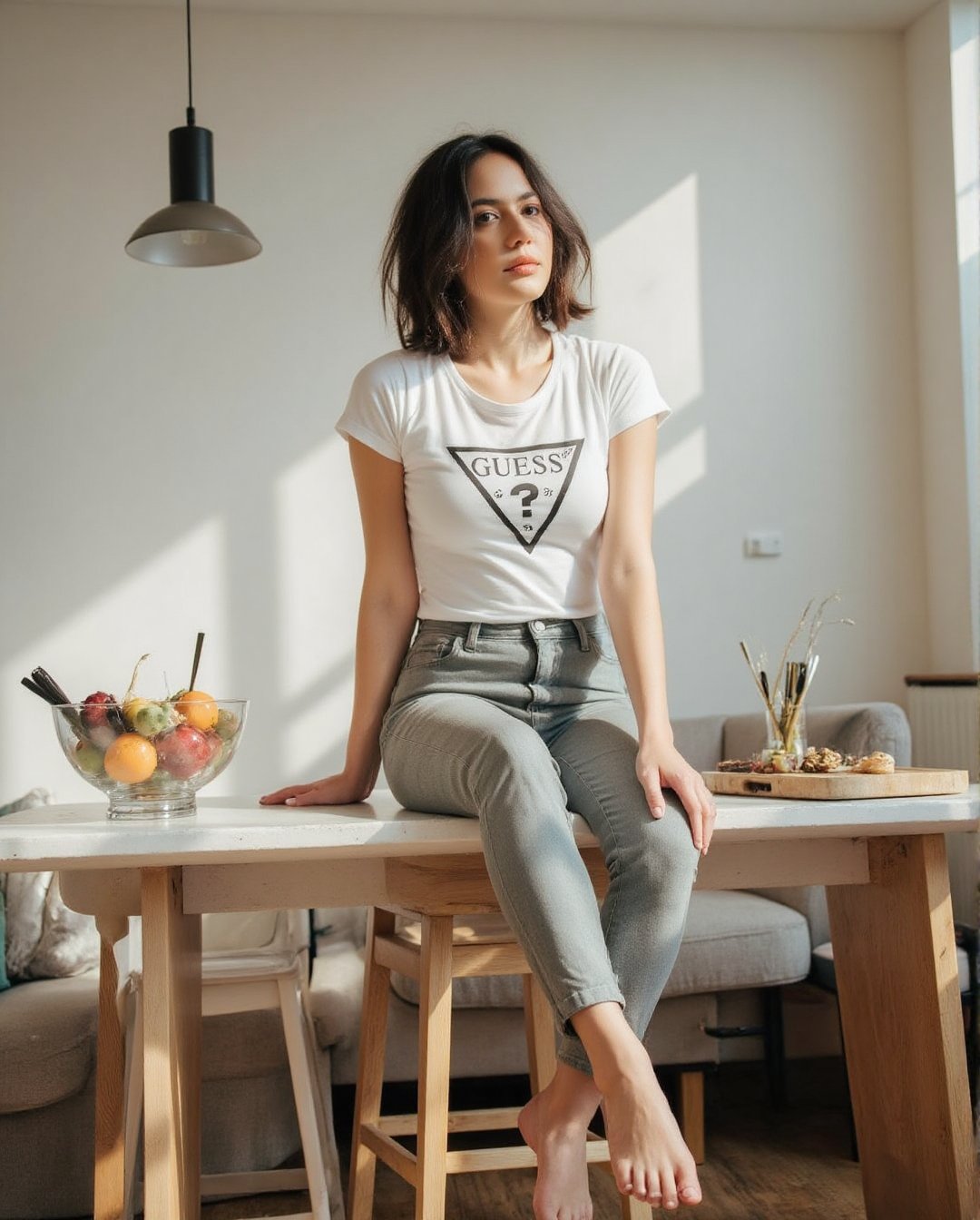 Create a realistic photoshoot for a woman using a Canon EOS 1D camera and a 50mm Canon RF lens at f/1.4 aperture. Capture...