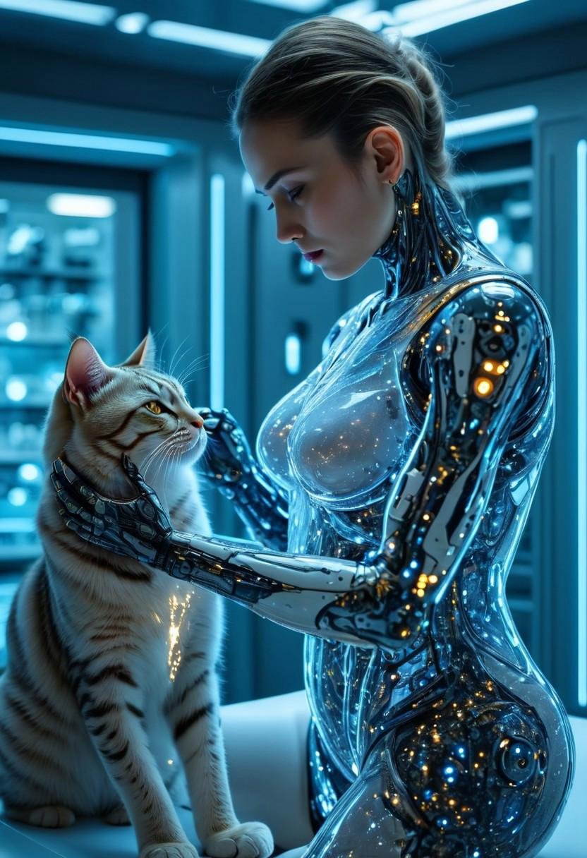 Extremely detailed,  8k,  BEAUTIFUL FEMALE CYBORG PETTING A CAT WITH TENDERNESS by XLAB_STUDIO on Tensor.Art