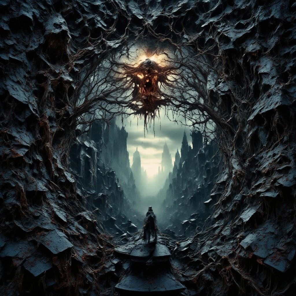 high quality,  8K Ultra HD,  This artwork envisions a metropolis where elements of nightmarish surrealism converge into a...
