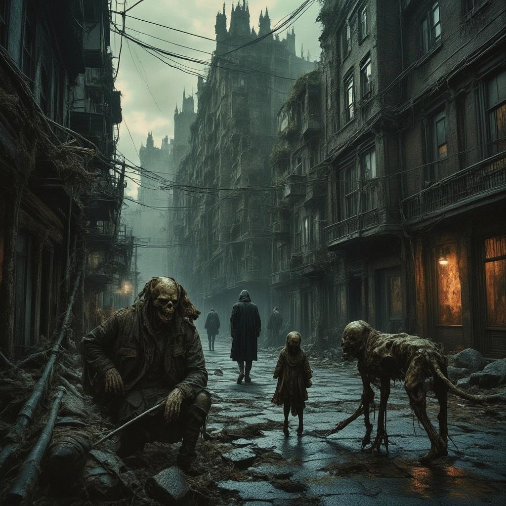 high quality,  8K Ultra HD,  This artwork envisions a metropolis where elements of nightmarish surrealism converge into a...
