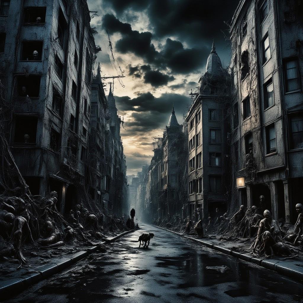 high quality,  8K Ultra HD,  This artwork envisions a metropolis where elements of nightmarish surrealism converge into a...