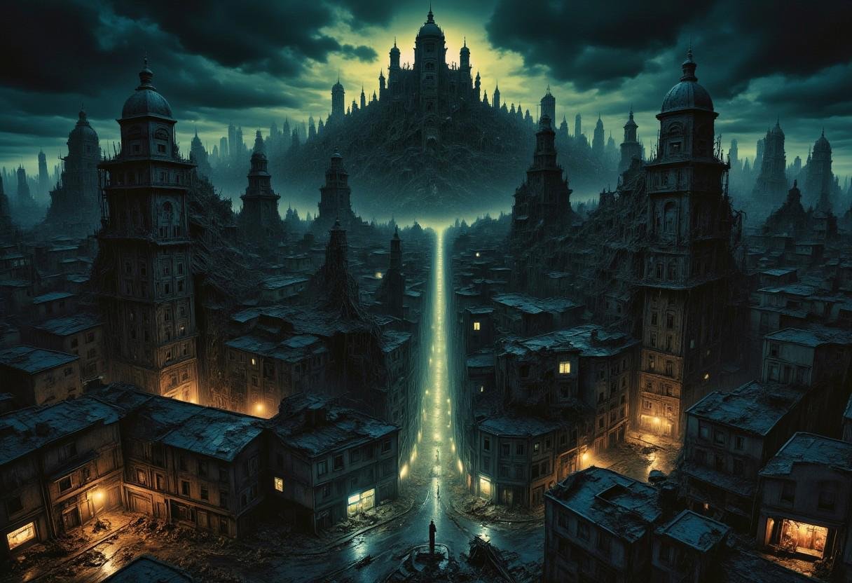 high quality,  8K Ultra HD,  a metropolis where elements of nightmarish surrealism converge into a scary by XLAB_STUDIO on...