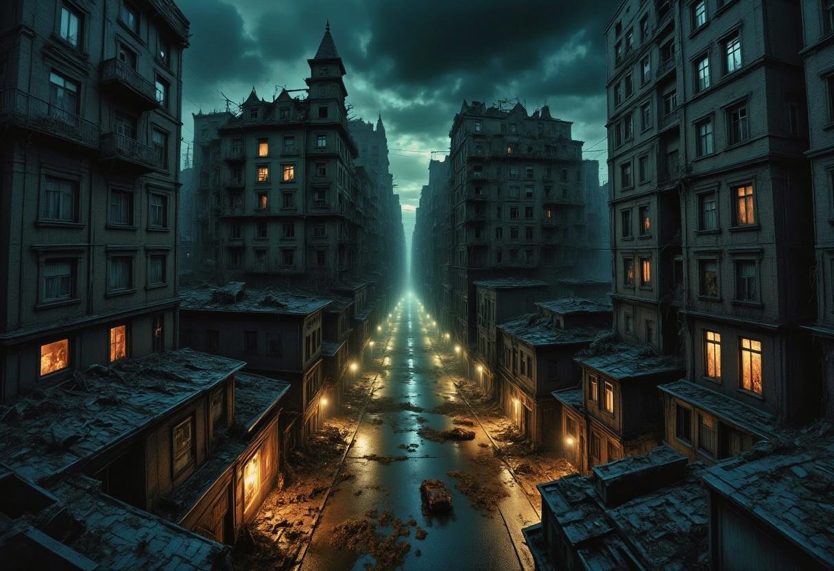 high quality,  8K Ultra HD,  a metropolis where elements of nightmarish surrealism converge into a scary by XLAB_STUDIO on...