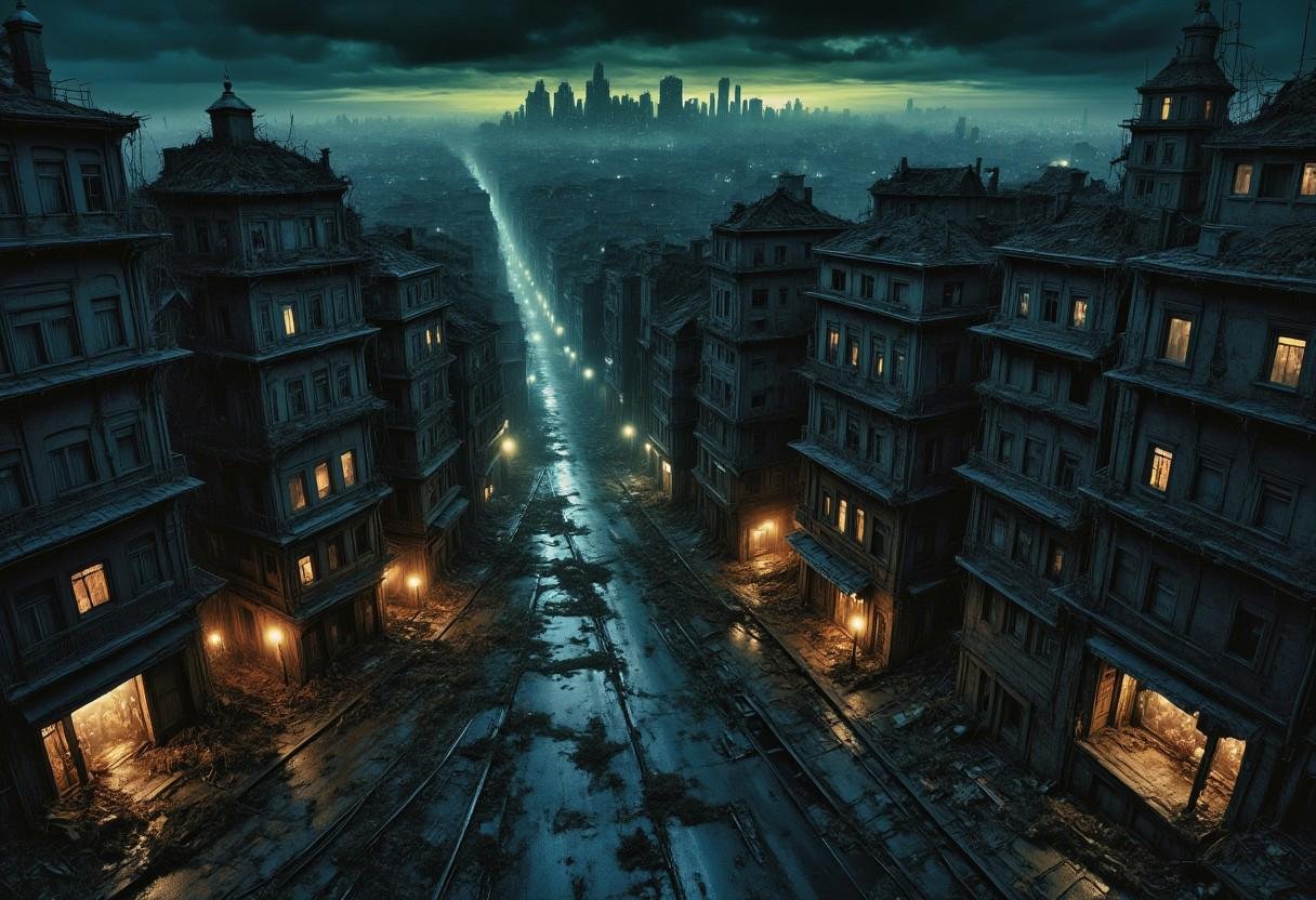 high quality,  8K Ultra HD,  a metropolis where elements of nightmarish surrealism converge into a scary by XLAB_STUDIO on...