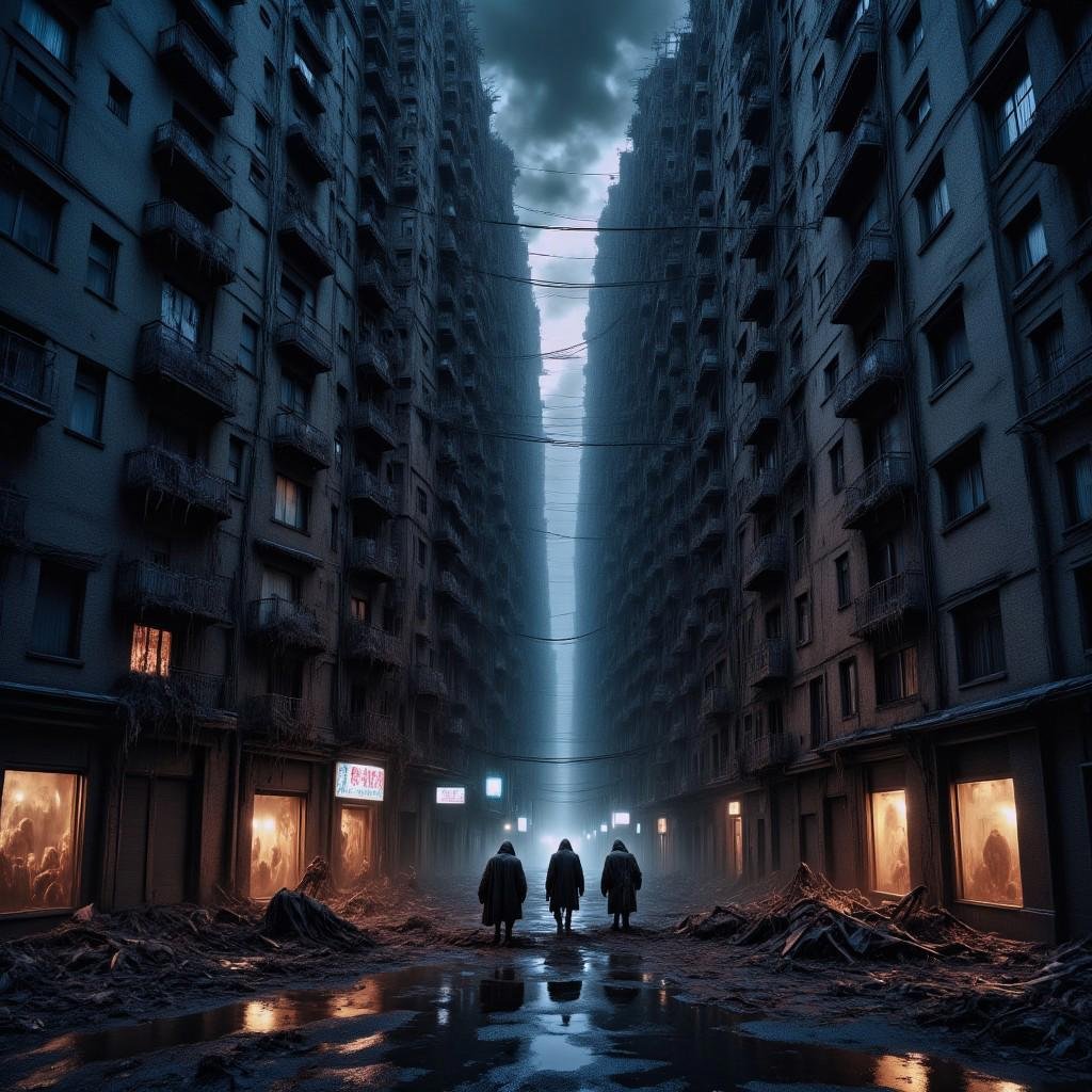high quality,  8K Ultra HD,  zombies attacking wild dogs.a metropolis where elements of nightmarish surrealism converge in...