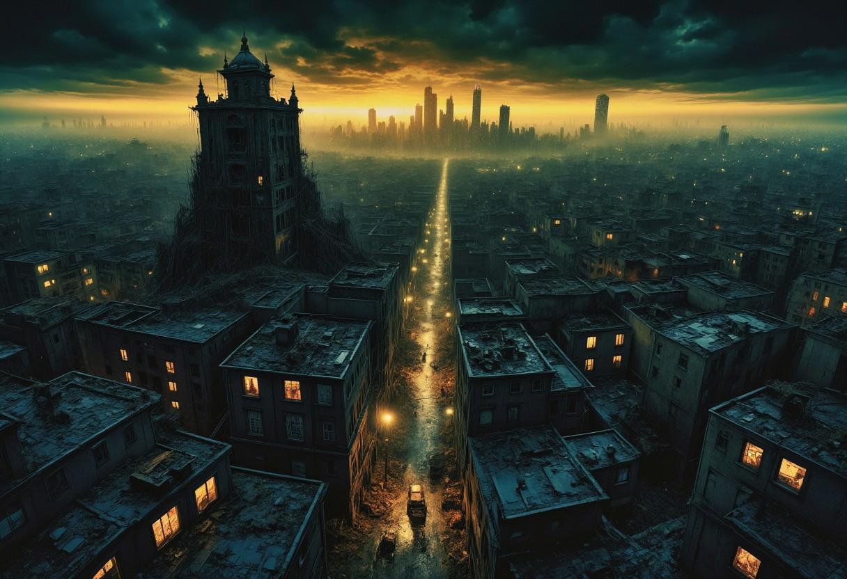 high quality,  8K Ultra HD,  a metropolis where elements of nightmarish surrealism converge into a scary by XLAB_STUDIO on...