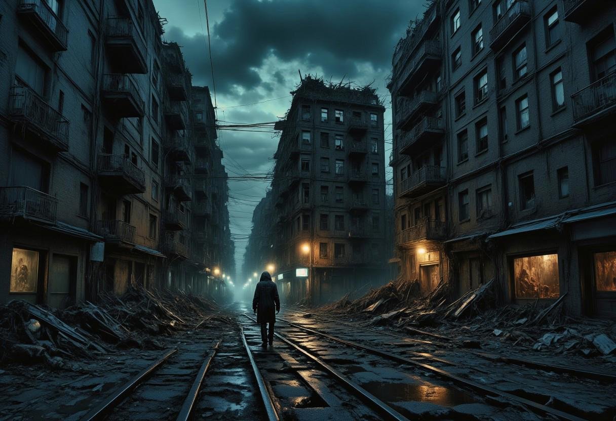 high quality,  8K Ultra HD,  a metropolis where elements of nightmarish surrealism converge into a scary by XLAB_STUDIO on...