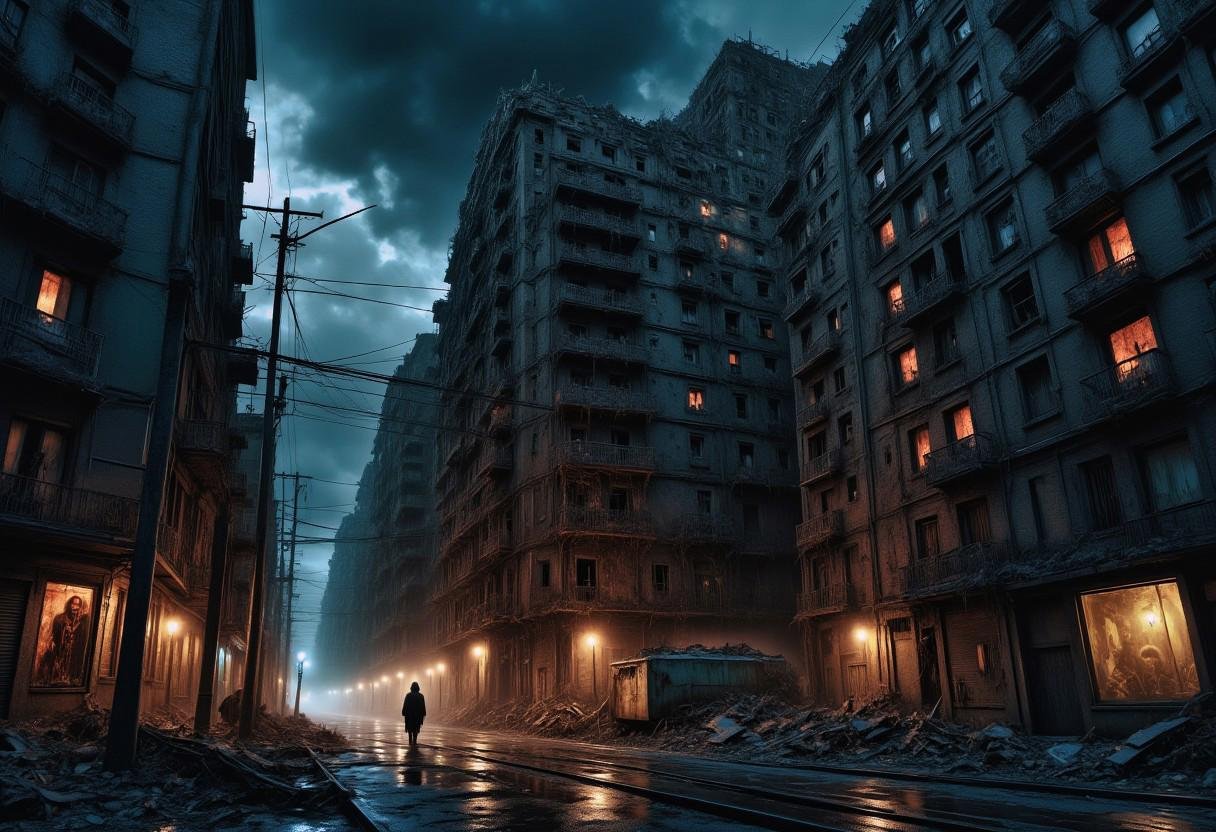 high quality,  8K Ultra HD,  a metropolis where elements of nightmarish surrealism converge into a scary by XLAB_STUDIO on...