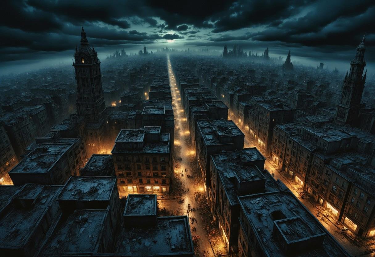 high quality,  8K Ultra HD,  a metropolis where elements of nightmarish surrealism converge into a scary by XLAB_STUDIO on...