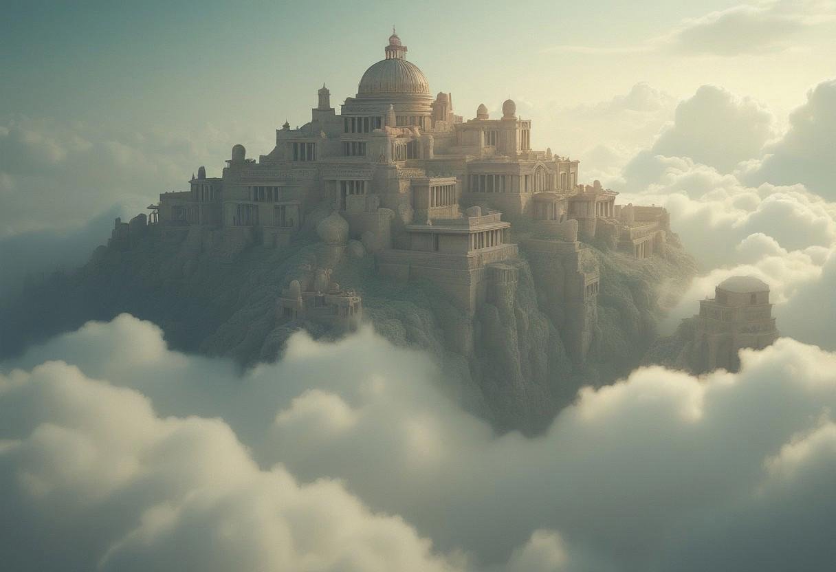 HIGHLY DETAILED[(an ancient CITY in the clouds,  a dream world shifting landscapes,  and ethereal creatures by XLAB_STUDIO...