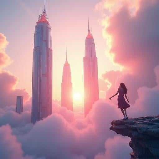 with fluffy clouds scattered throughout. Dominating the foreground are two towering skyscrapers with sleek,  sunrise,  top...