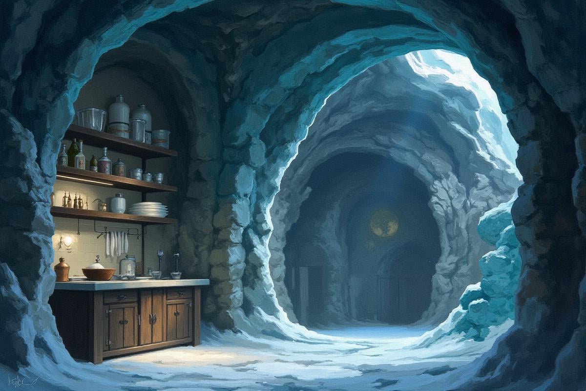 Positive prompt:celestialdiagrams,  digital painting,  Kitchen and Pantry \(room\) in a subterranean by _Envy_ on Tensor.Art