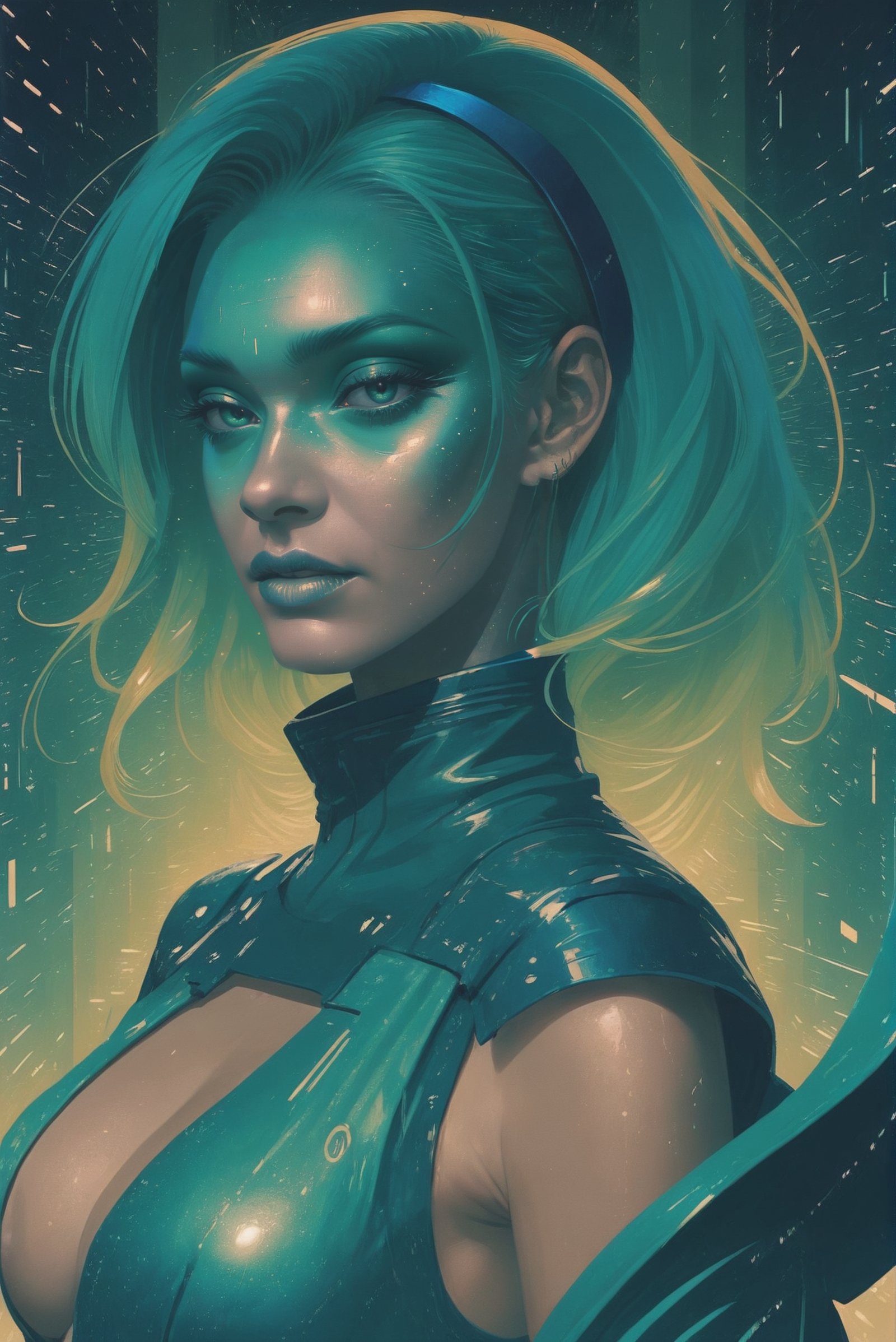 dynstopian cyberpunk,  duotone matte sea green and iridescent blue,  a amazing fantasy cosmic topia at the beginning of re...